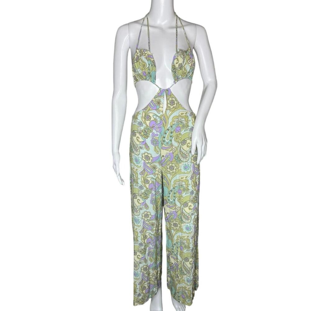 Sky to Moon Jumpsuit Womens Medium Yellow Purple Retro Floral Casual Sexy Beach